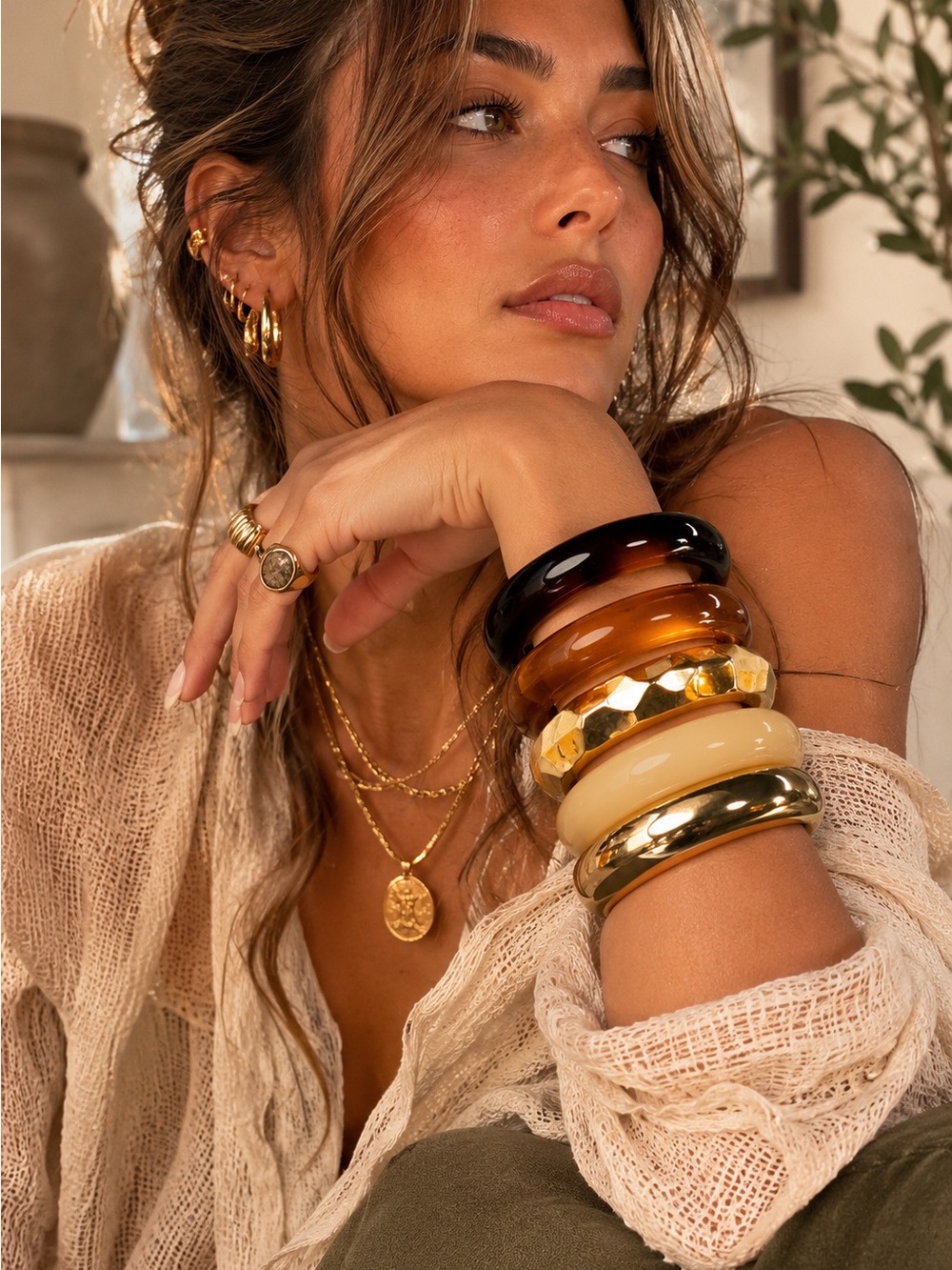 New mayamar Stacked Resin Bangle Bracelet Set - Gold & Amber